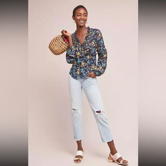 Meadow Rue Strasser Embroidered Peasant Blouse Small Blue Anthropologie XXS - Picture 11 of 13